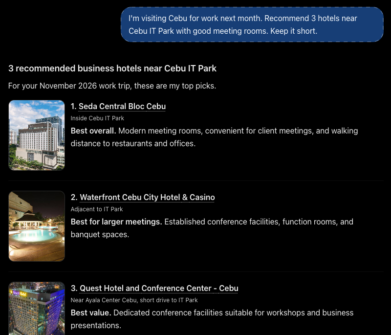 Real ChatGPT answer recommending three hotels near Cebu IT Park